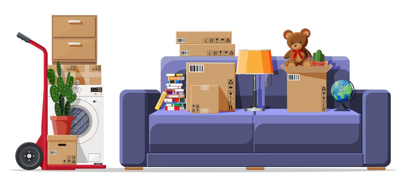 a purple sofa with items stacked on top indicating a house clearance or house removal
